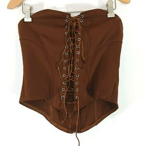 Brown Lace Up Corset Top XS Strapless
